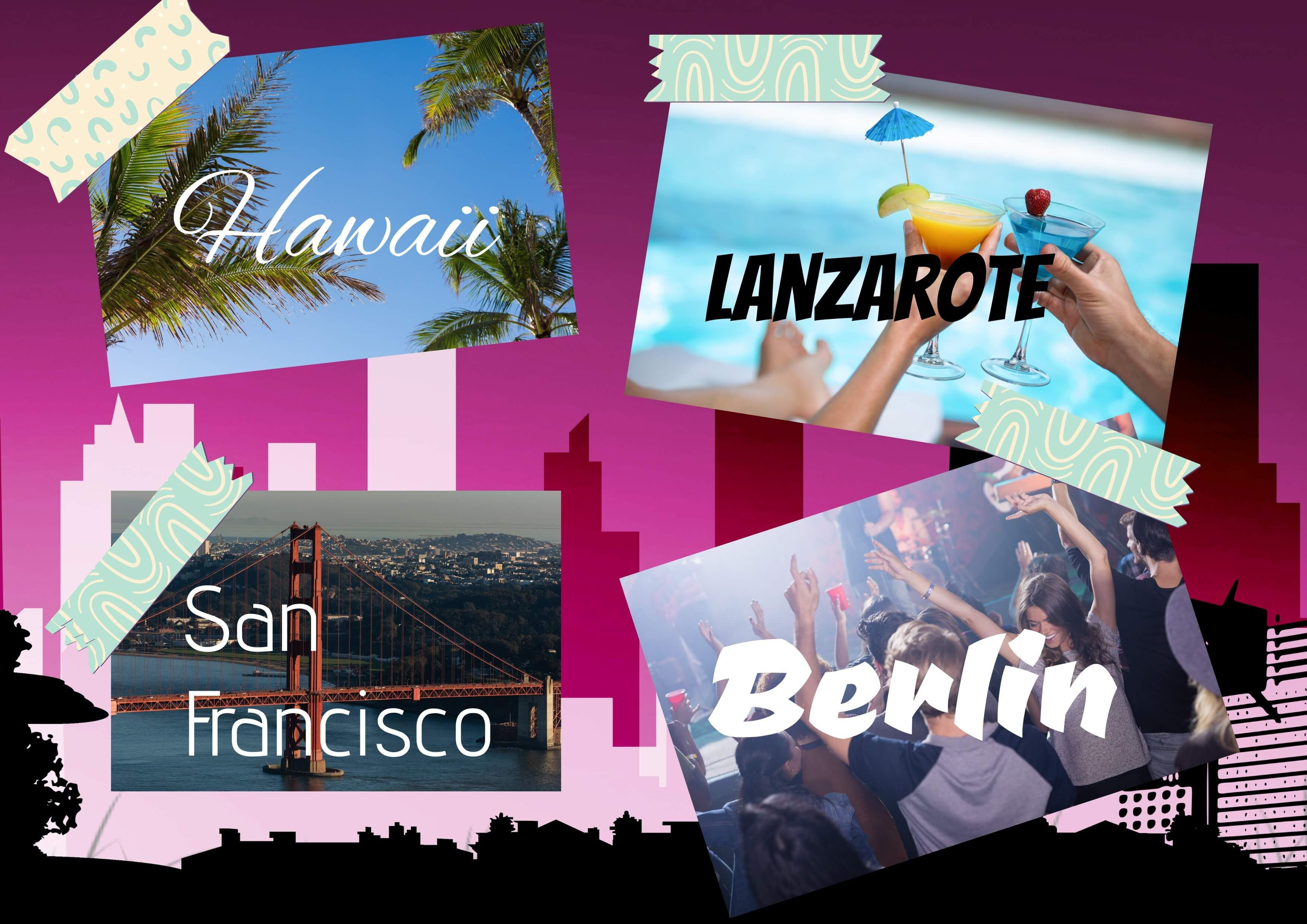 Bucket List Collage with Images and Text Referring to 'Hawaii', 'Lanzarote' 'San Francisco' and 'Berlin' - How to make a collage: A complete inspirational guide with examples - Image